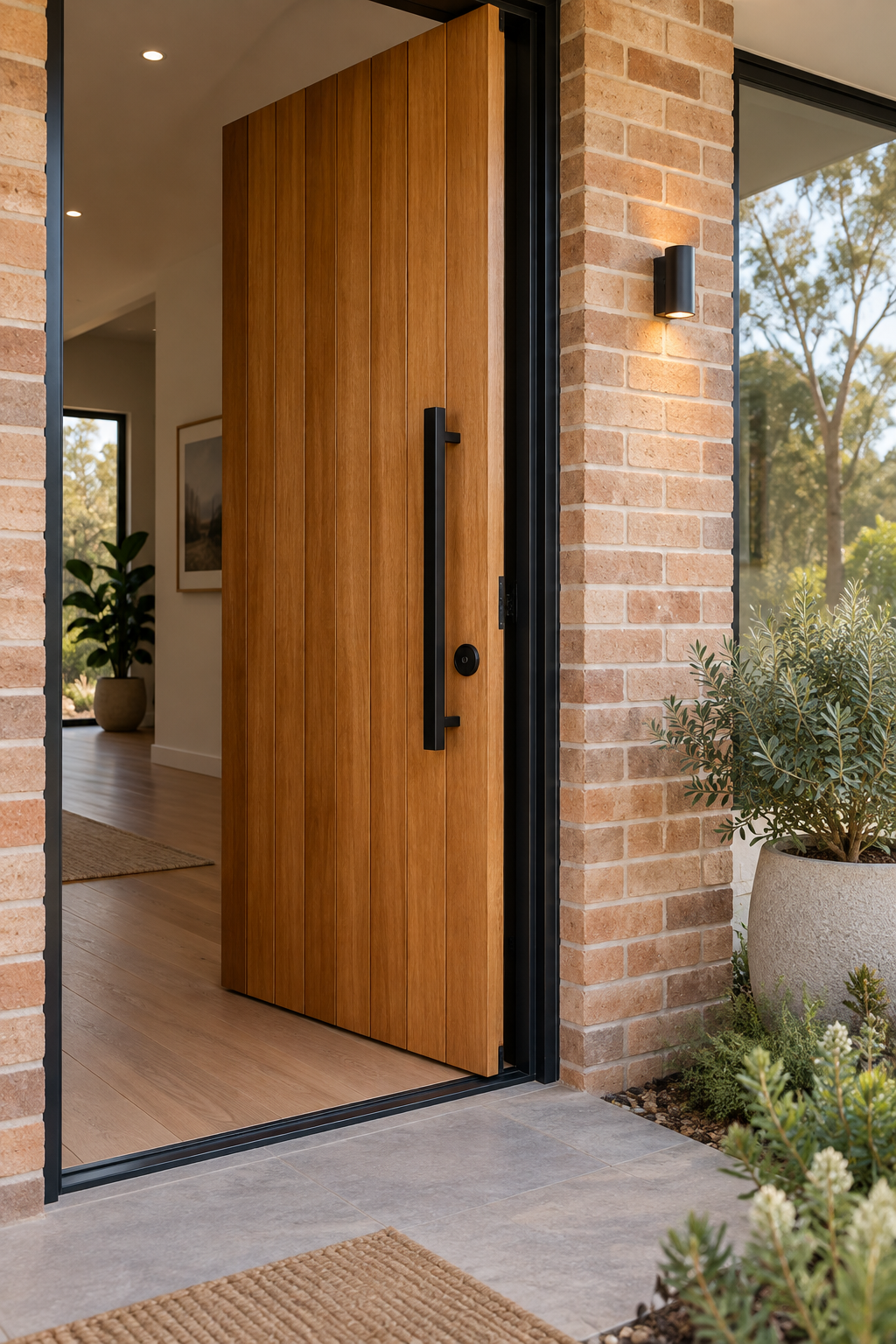 Illustrative timber entry door and carefully finished brickwork
