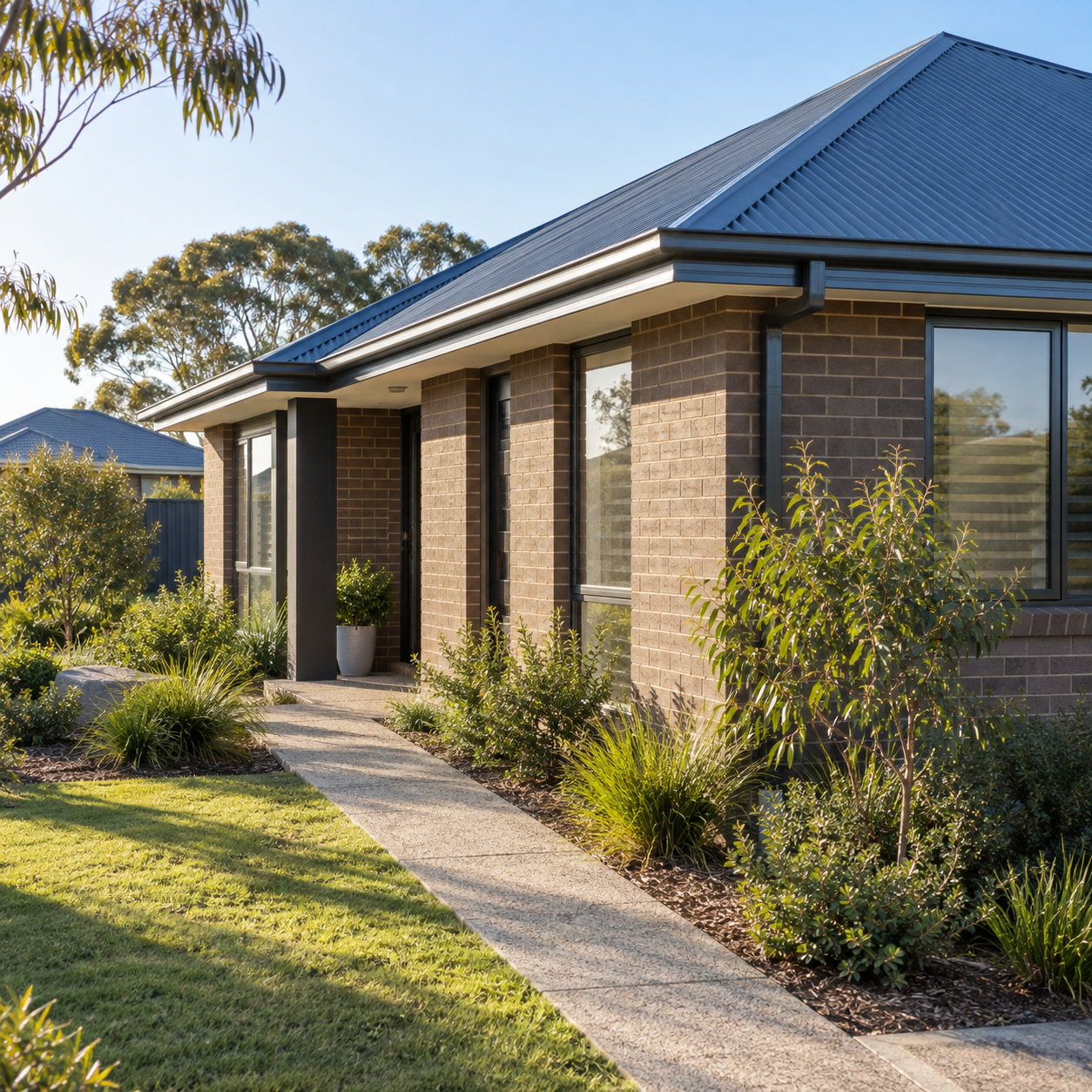 Illustrative Australian brick home with a landscaped native garden