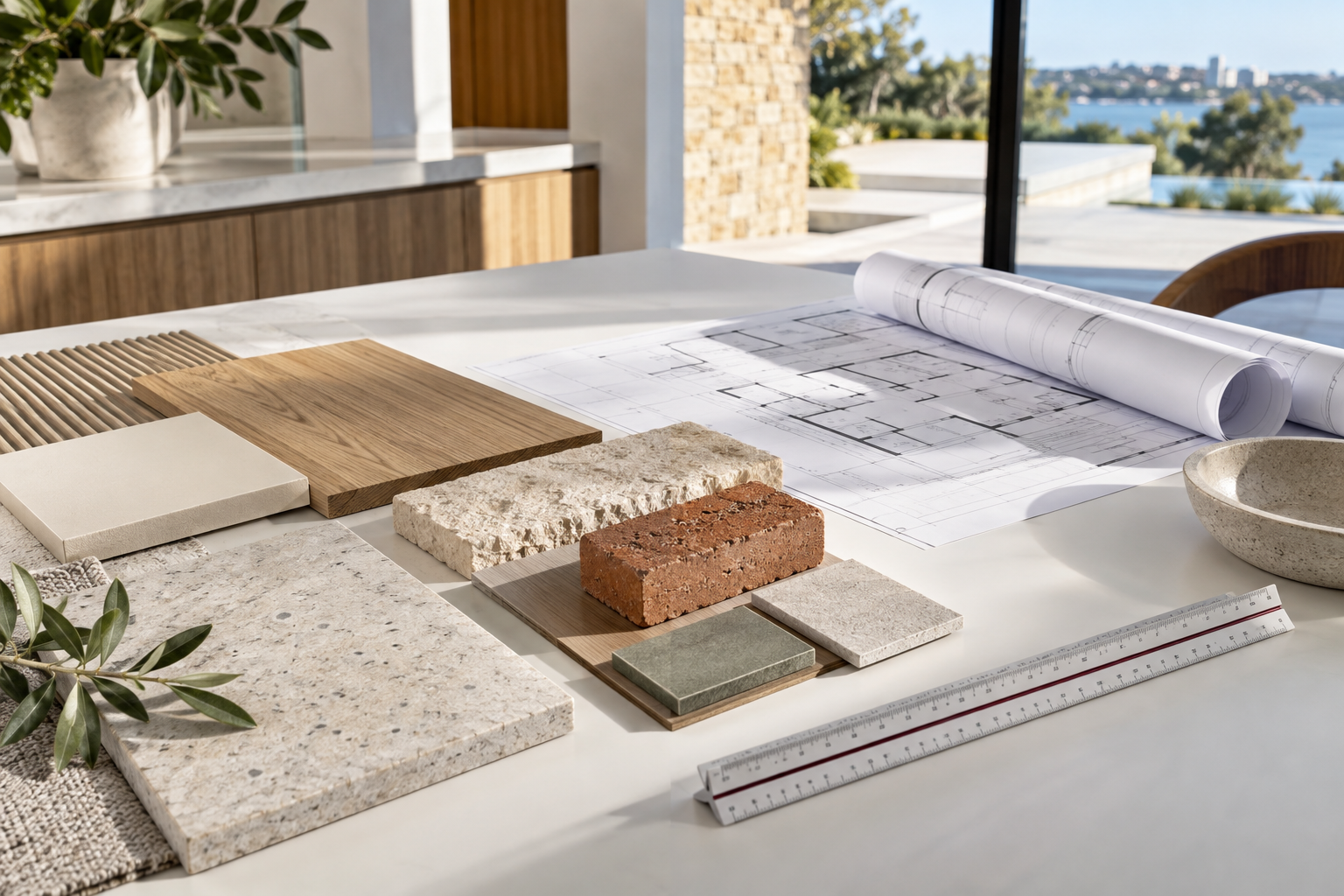 Illustrative building plans, ruler and construction material samples