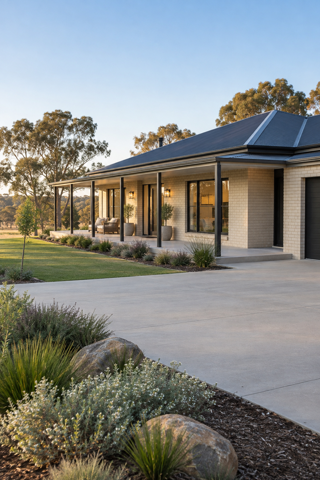 Illustrative Australian brick home with a landscaped native garden